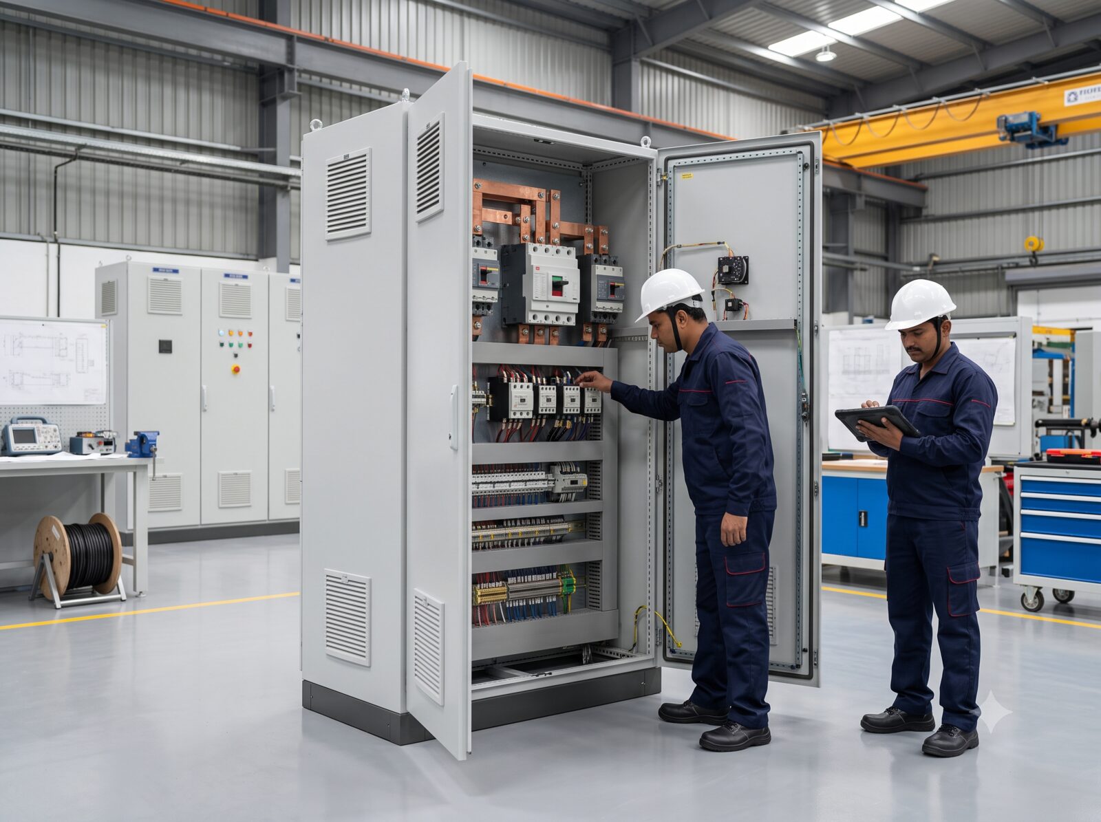 Row of Rise Engineering MCC electrical control panels on the manufacturing floor
