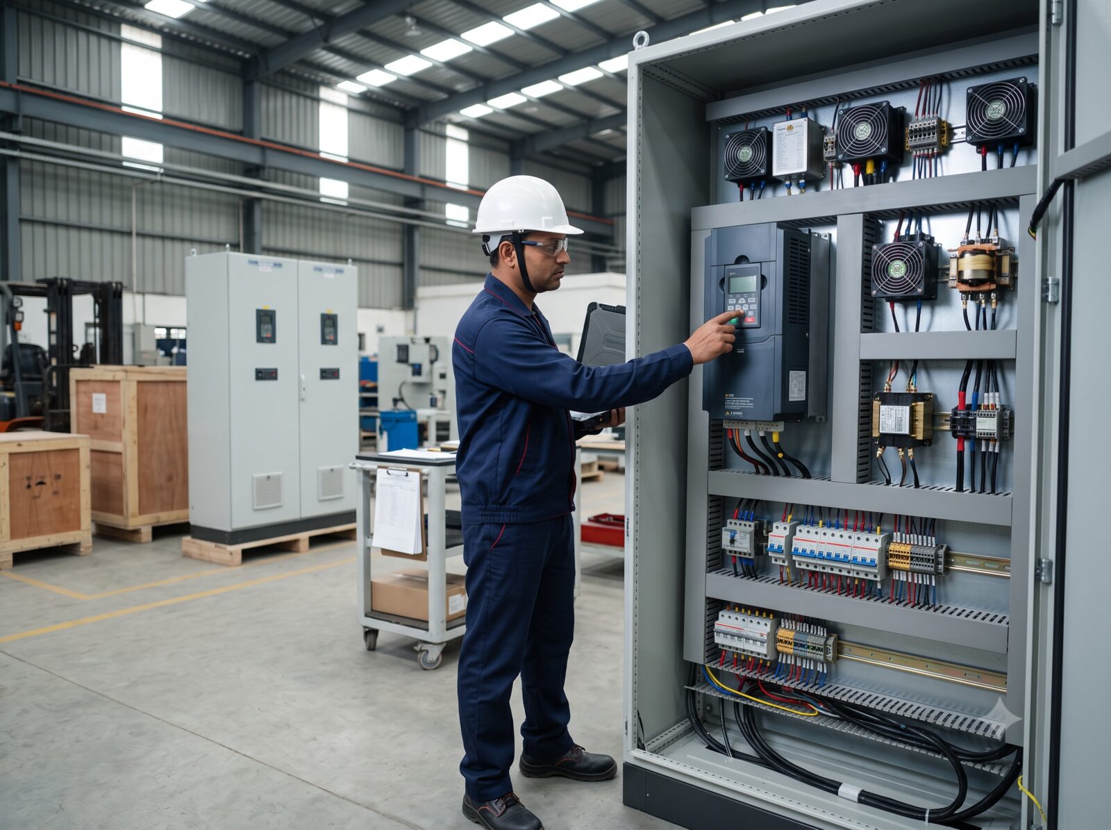 Technician adjusting settings on a VFD drive panel